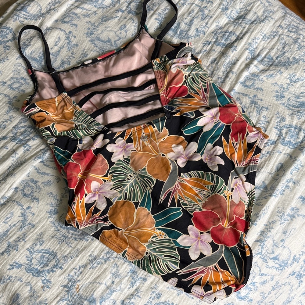 Hurley Black Floral One-Piece Swimsuit with Red, Orange & Green Accents